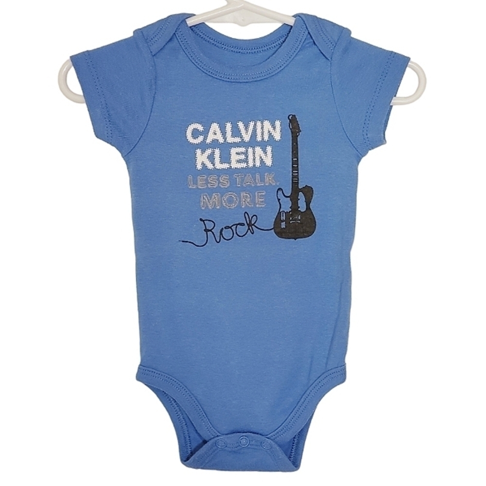 K1070 * Calvin Klein Boy's Less Talk More Rock Bodysuit Blue Size 3/6M